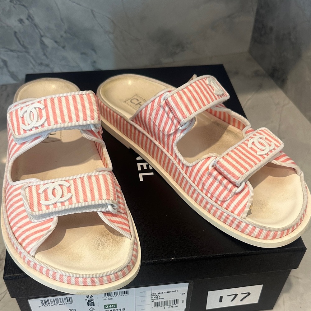 Chanel women’s dad sandals pink and white strip cc logo size 39